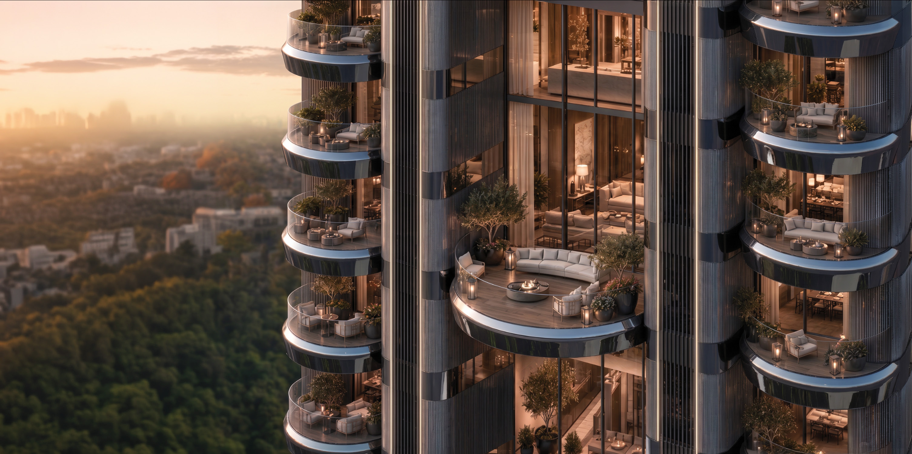 Dhuleva One50 façade, curved balconies in changing light